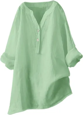 Linen Shirts for Women 2025 Trendy Summer V Neck Linen Blouse with Buttons Round Neck Tees 2025 Summer Fashion