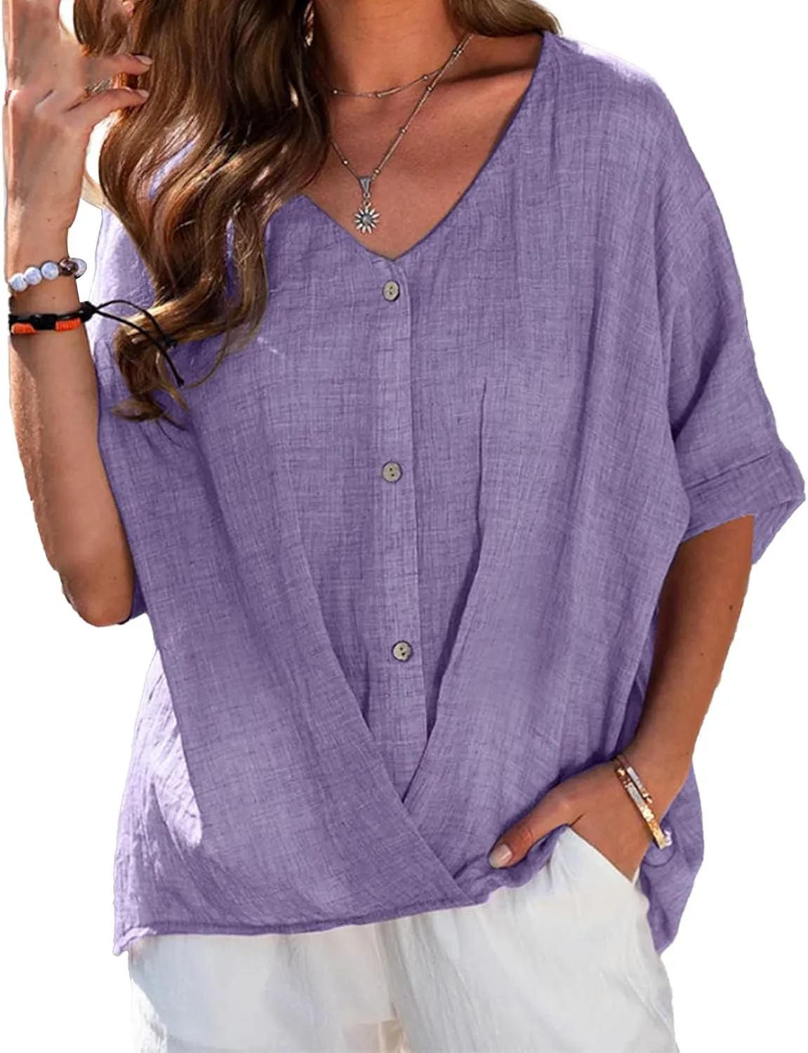 LOAIHA Women's Cotton Linen Half Sleeve Blouse Dressy Casual V Neck Button Down Blouse Loose Solid Color Flowy Linen Tops