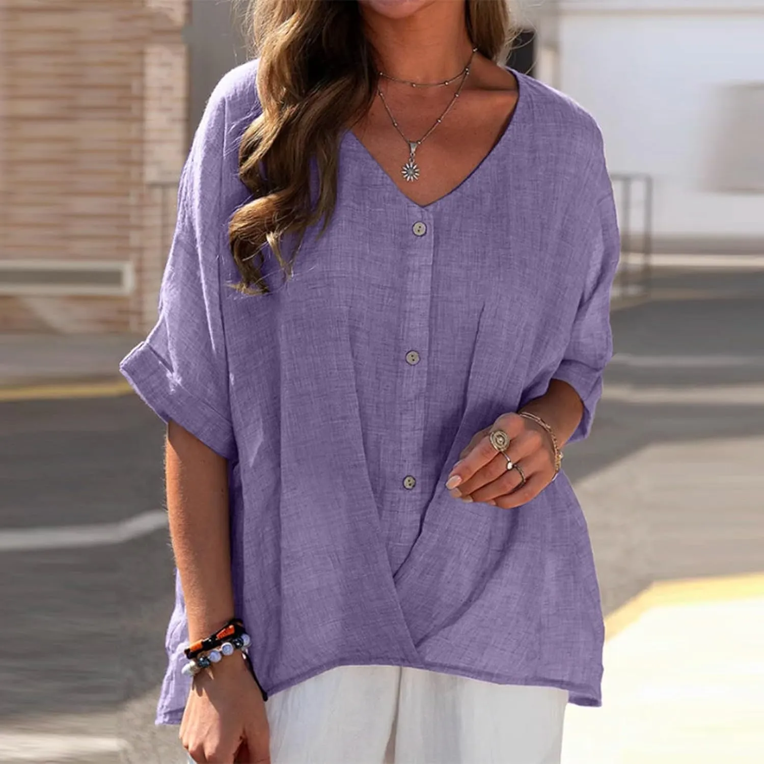 LOAIHA Women's Cotton Linen Half Sleeve Blouse Dressy Casual V Neck Button Down Blouse Loose Solid Color Flowy Linen Tops