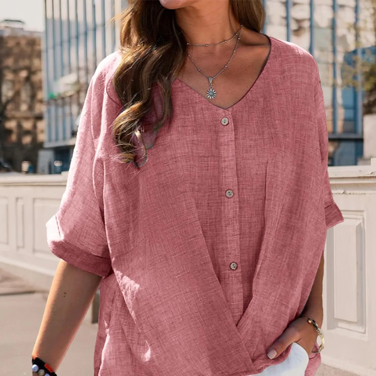 LOAIHA Women's Cotton Linen Half Sleeve Blouse Dressy Casual V Neck Button Down Blouse Loose Solid Color Flowy Linen Tops