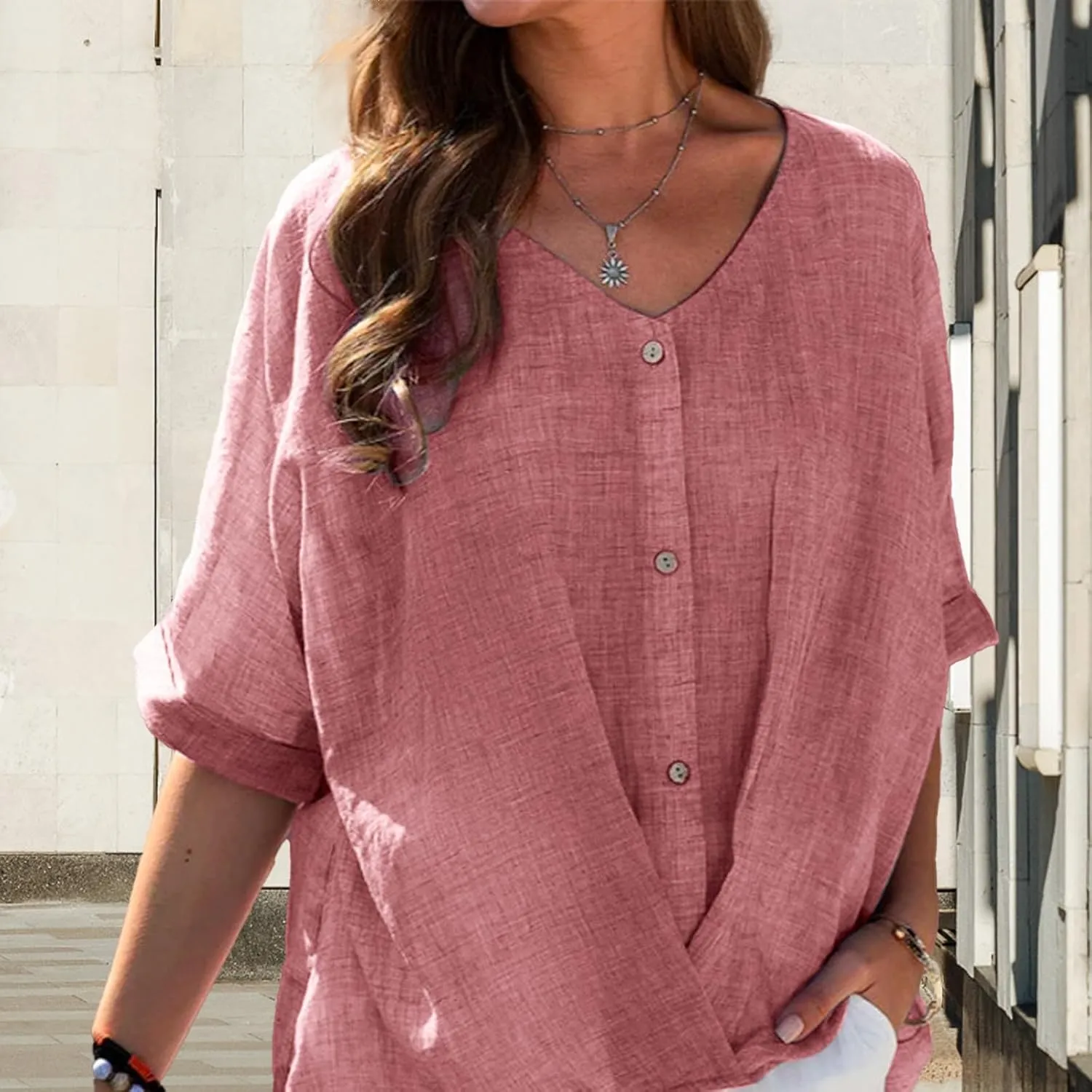 LOAIHA Women's Cotton Linen Half Sleeve Blouse Dressy Casual V Neck Button Down Blouse Loose Solid Color Flowy Linen Tops