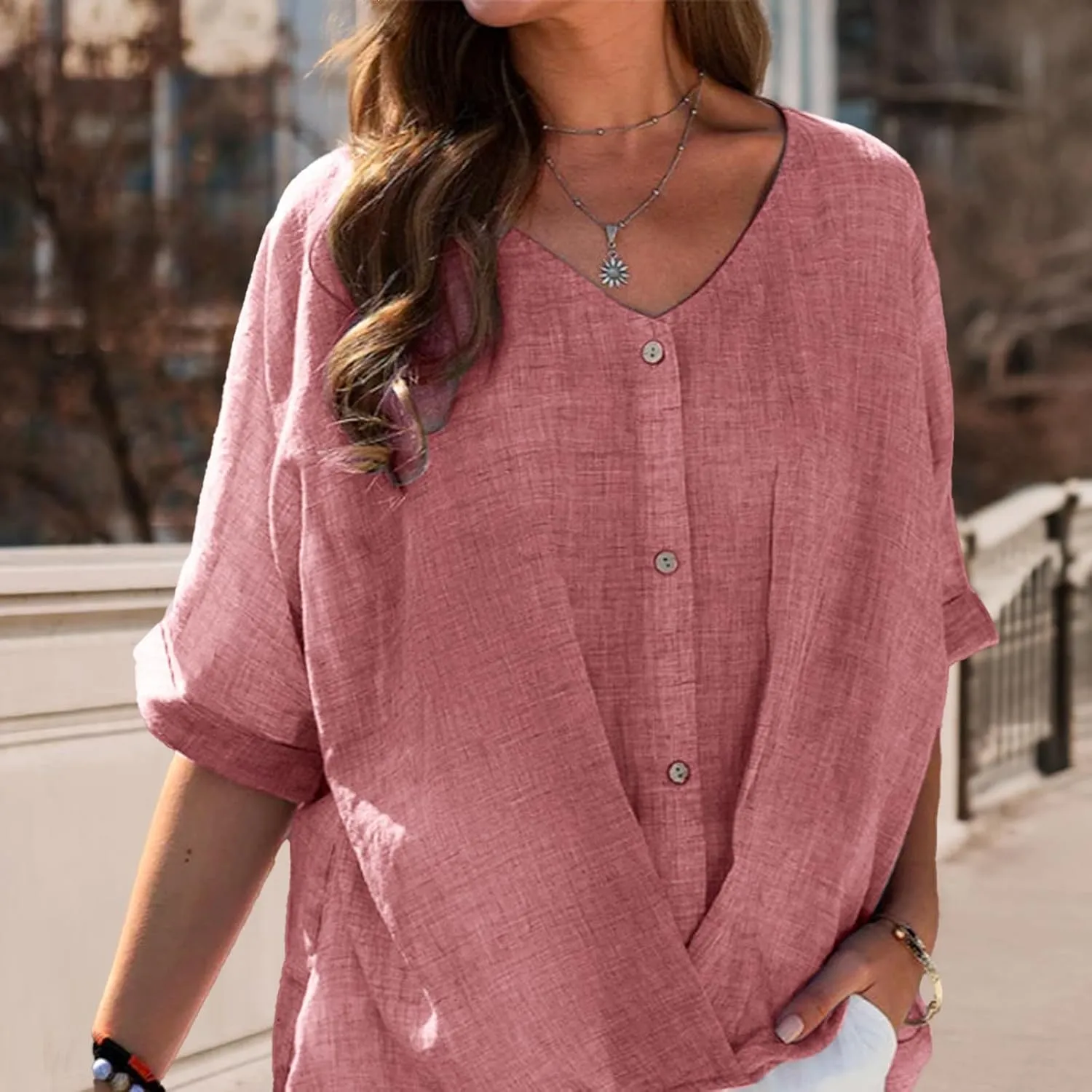 LOAIHA Women's Cotton Linen Half Sleeve Blouse Dressy Casual V Neck Button Down Blouse Loose Solid Color Flowy Linen Tops