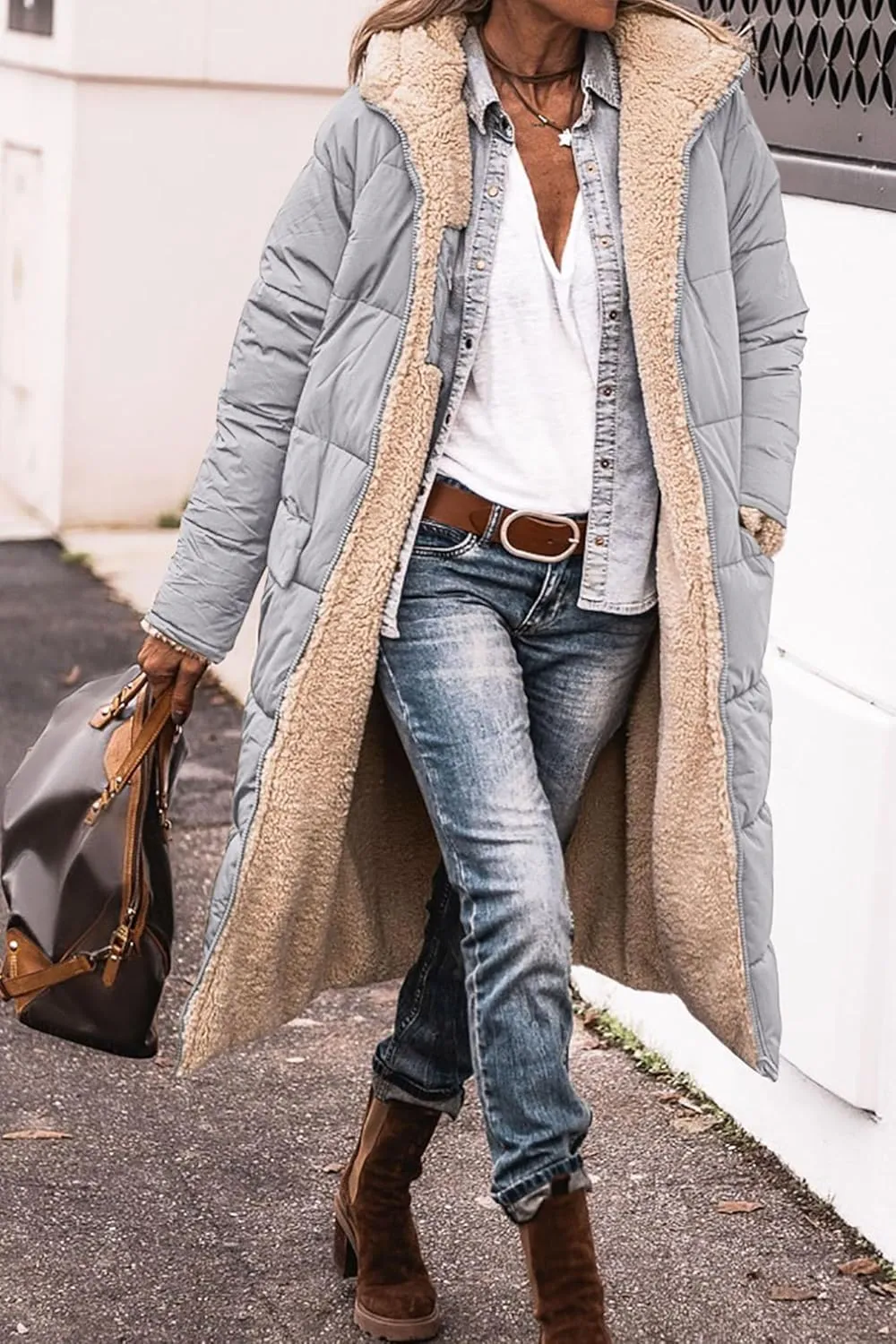 Long Puffer Coat Women Winter Warm Coats Fuzzy Fleece Hooded Reversible Jackets Casual Loose Outerwear with Pocket