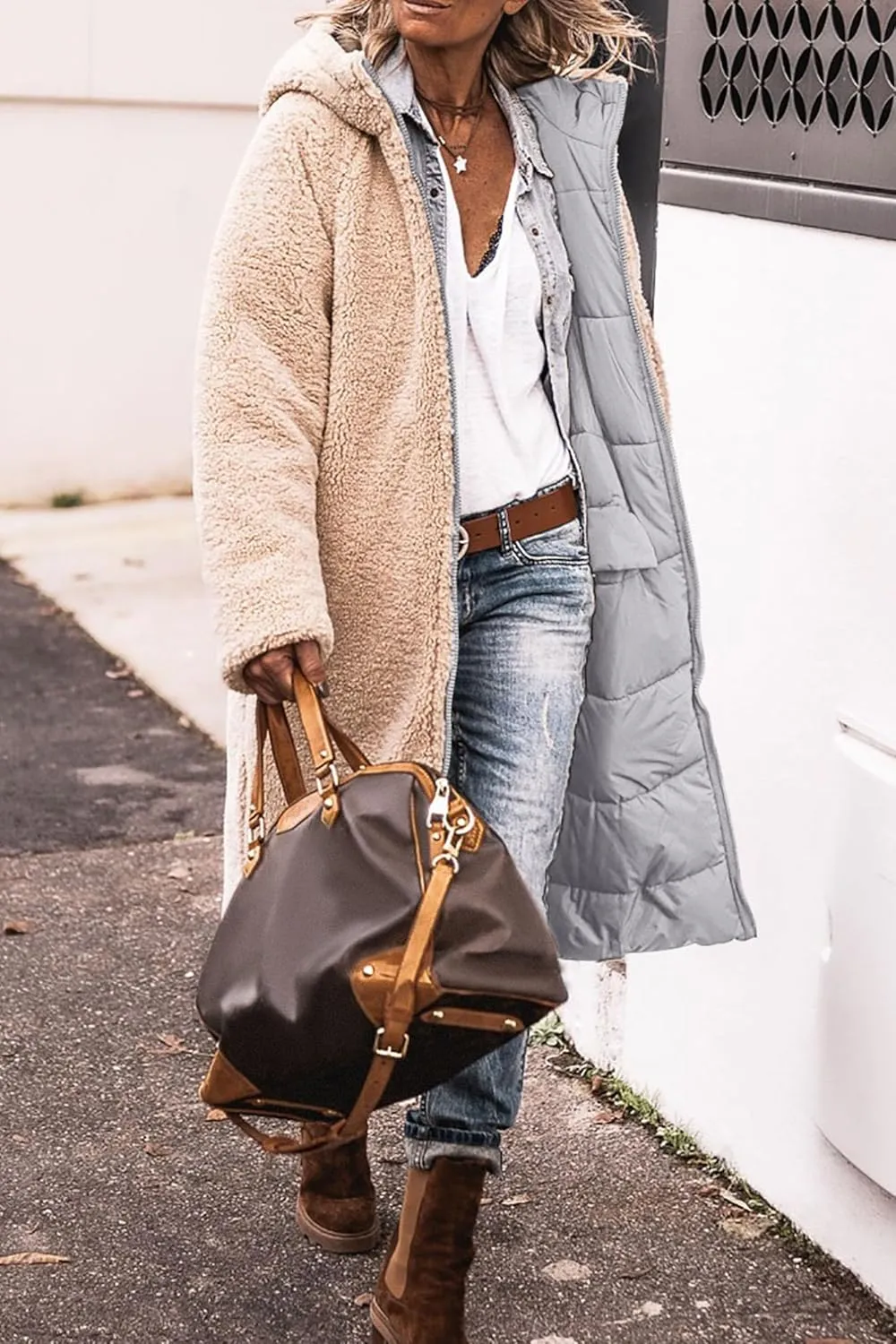 Long Puffer Coat Women Winter Warm Coats Fuzzy Fleece Hooded Reversible Jackets Casual Loose Outerwear with Pocket