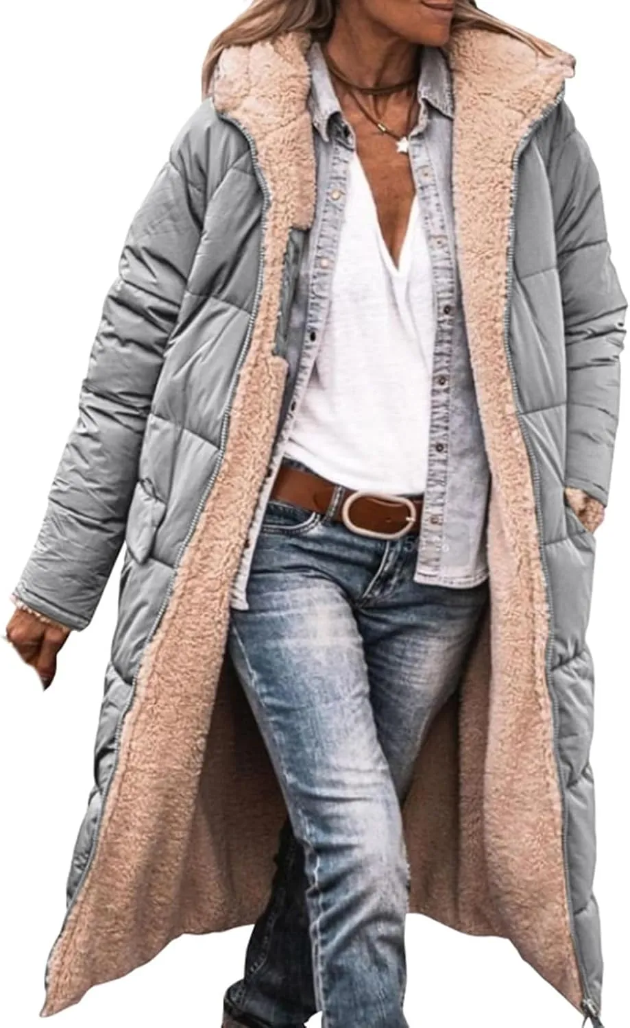 Long Puffer Coat Women Winter Warm Coats Fuzzy Fleece Hooded Reversible Jackets Casual Loose Outerwear with Pocket