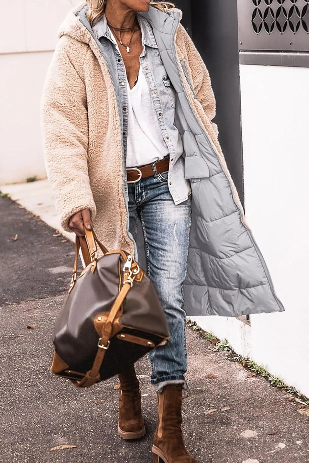 Long Puffer Coat Women Winter Warm Coats Fuzzy Fleece Hooded Reversible Jackets Casual Loose Outerwear with Pocket