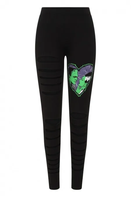 Lost Queen Made For Each Other Frankenstein and His Bride Cut Out Slashed Black Leggings