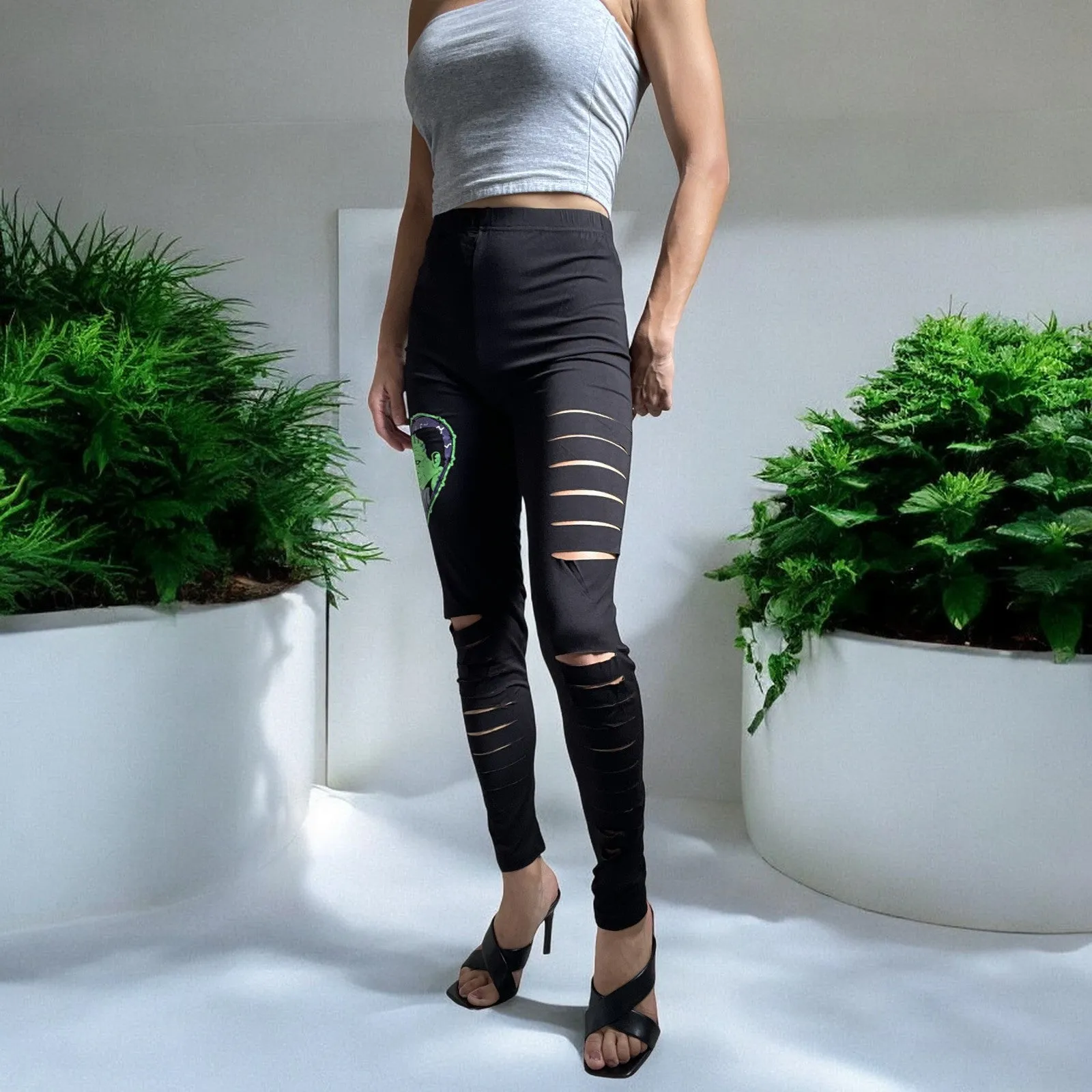Lost Queen Made For Each Other Frankenstein and His Bride Cut Out Slashed Black Leggings