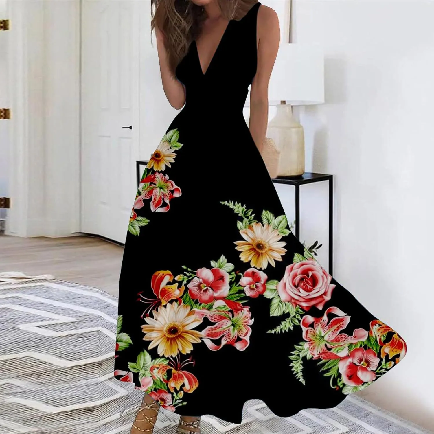 Maxi Dress for Women 2025 Summer Elegant Wrap V Neck Sleeveless Dresses Plus Size Casual Floral Boho Flowy Beach Sundresses