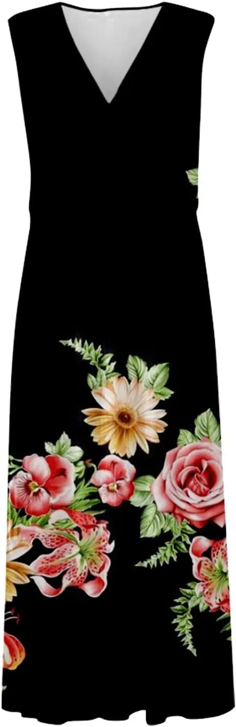 Maxi Dress for Women 2025 Summer Elegant Wrap V Neck Sleeveless Dresses Plus Size Casual Floral Boho Flowy Beach Sundresses