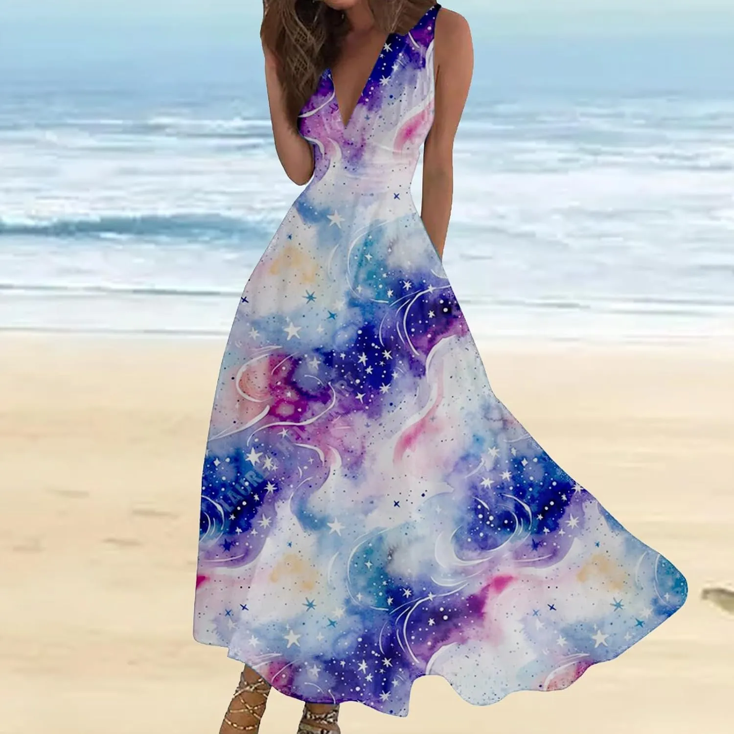 Maxi Dress for Women 2025 Summer Elegant Wrap V Neck Sleeveless Dresses Plus Size Casual Floral Boho Flowy Beach Sundresses