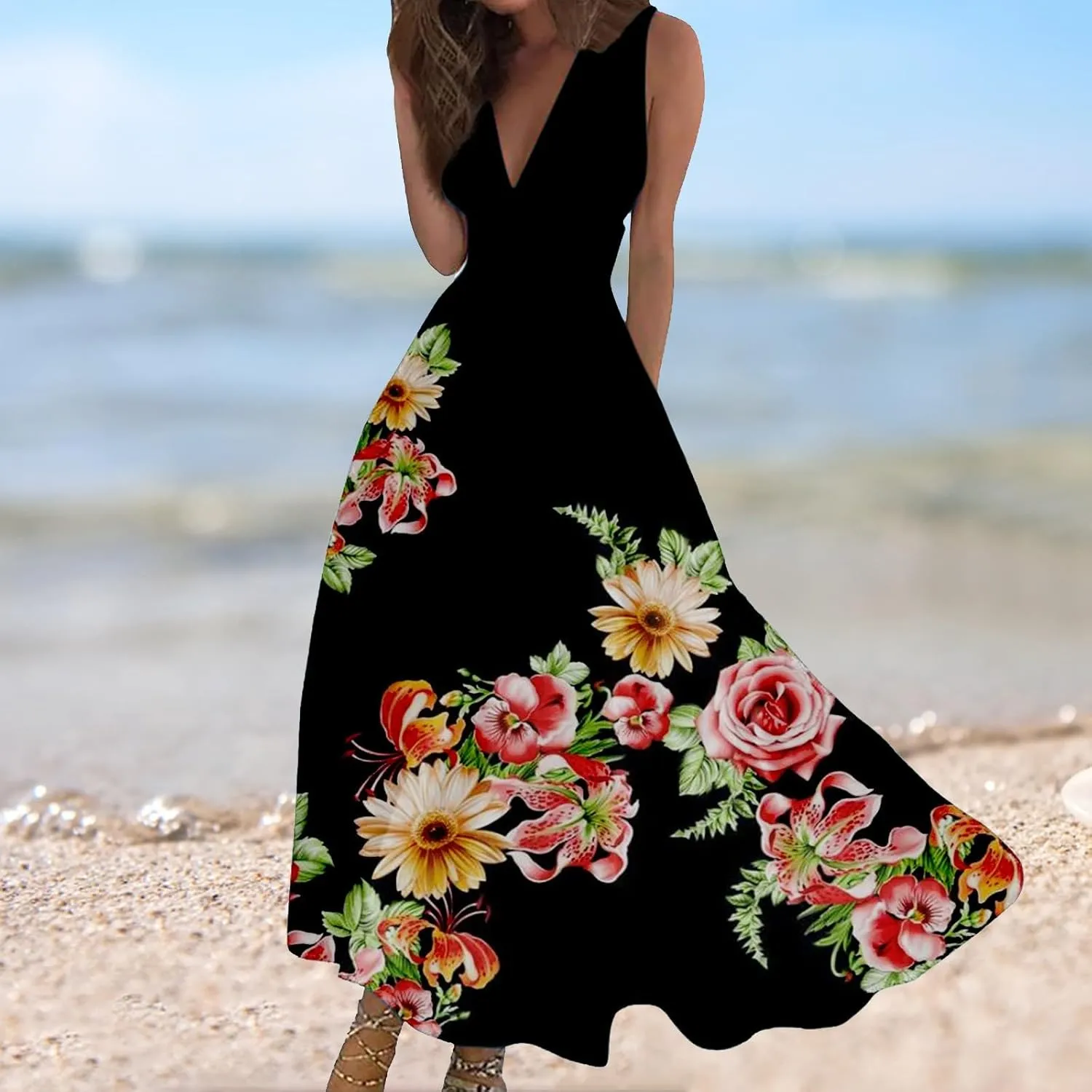 Maxi Dress for Women 2025 Summer Elegant Wrap V Neck Sleeveless Dresses Plus Size Casual Floral Boho Flowy Beach Sundresses