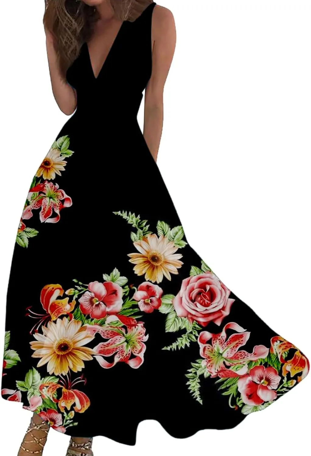 Maxi Dress for Women 2025 Summer Elegant Wrap V Neck Sleeveless Dresses Plus Size Casual Floral Boho Flowy Beach Sundresses