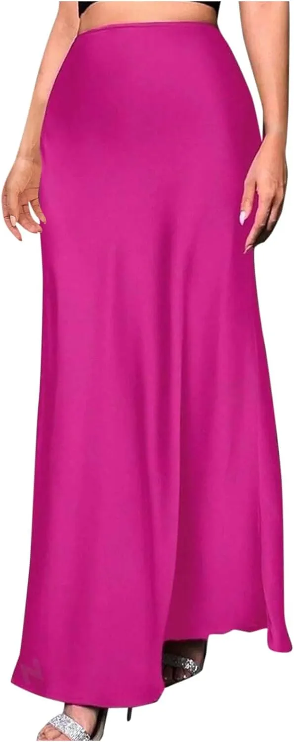 Maxi Skirts for Women Summer Trendy Soft Solid A Line Long Skirt with Zipper Flowy Satin Skirt Casual Dressy Work