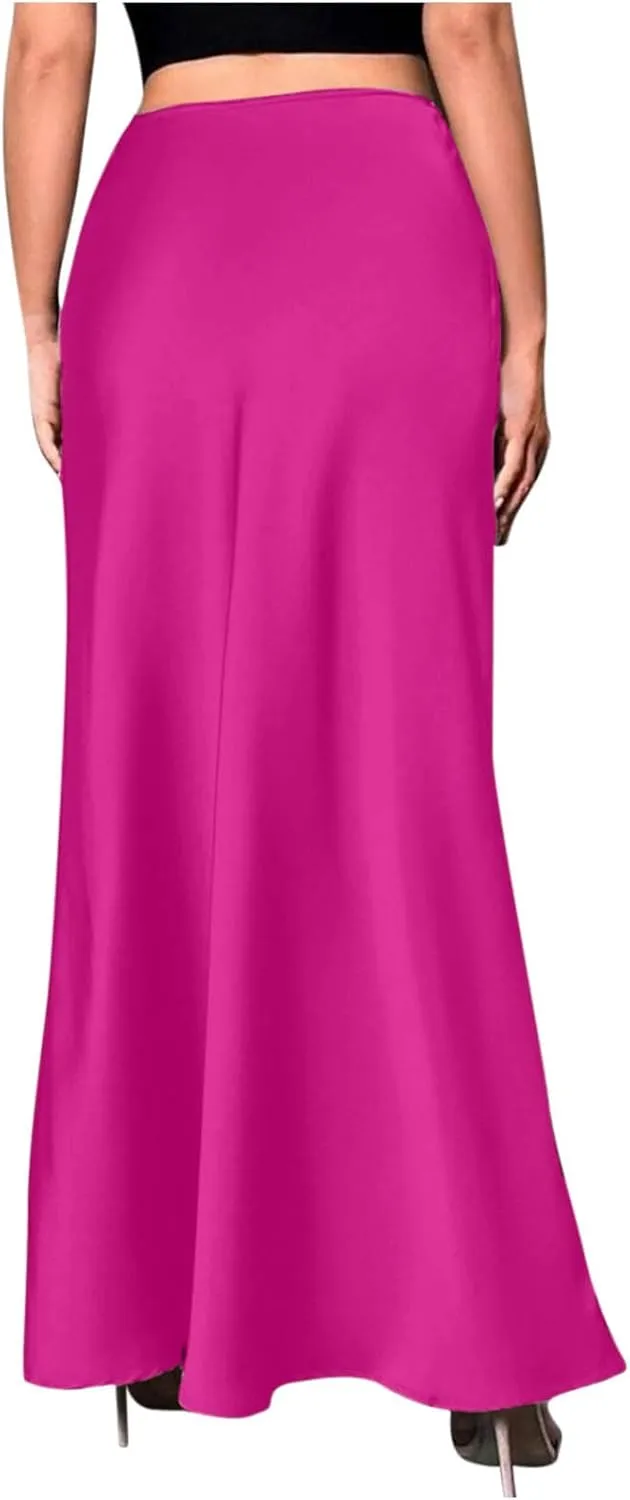 Maxi Skirts for Women Summer Trendy Soft Solid A Line Long Skirt with Zipper Flowy Satin Skirt Casual Dressy Work