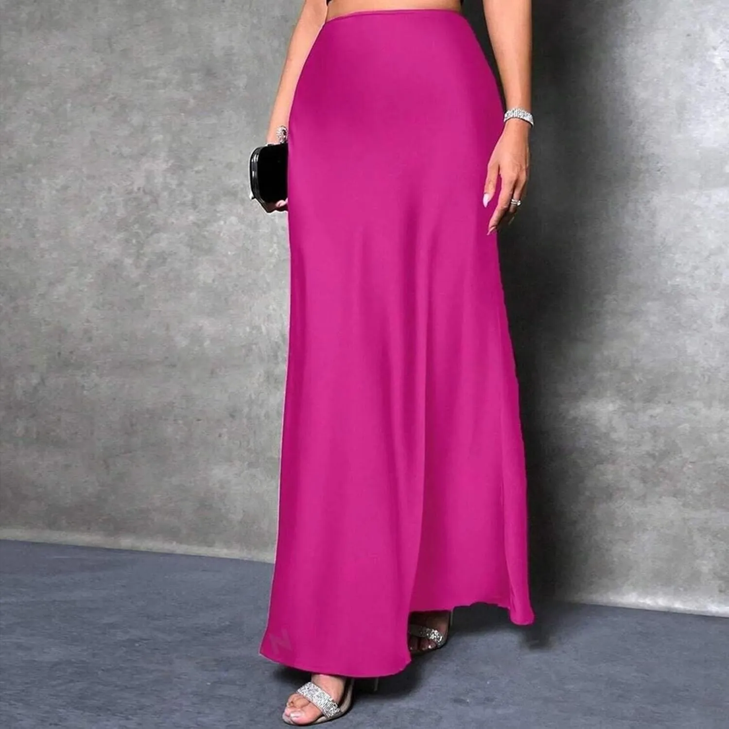 Maxi Skirts for Women Summer Trendy Soft Solid A Line Long Skirt with Zipper Flowy Satin Skirt Casual Dressy Work