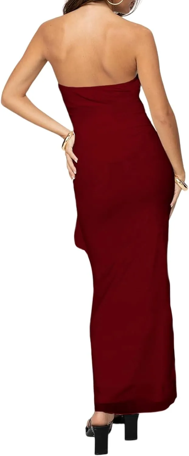 MAYFASEY Women's Strapless Bodycon Maxi Tube Top Dress Sexy Summer 2025 Stretch Mesh Ruffle Slim Party Cocktail Dresses