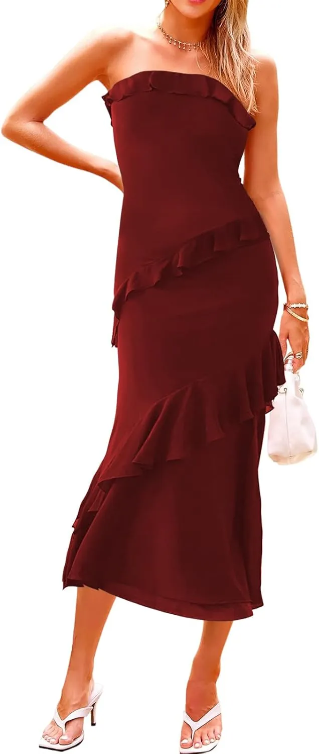 MAYFASEY Women's Strapless Bodycon Maxi Tube Top Dress Sexy Summer 2025 Stretch Mesh Ruffle Slim Party Cocktail Dresses