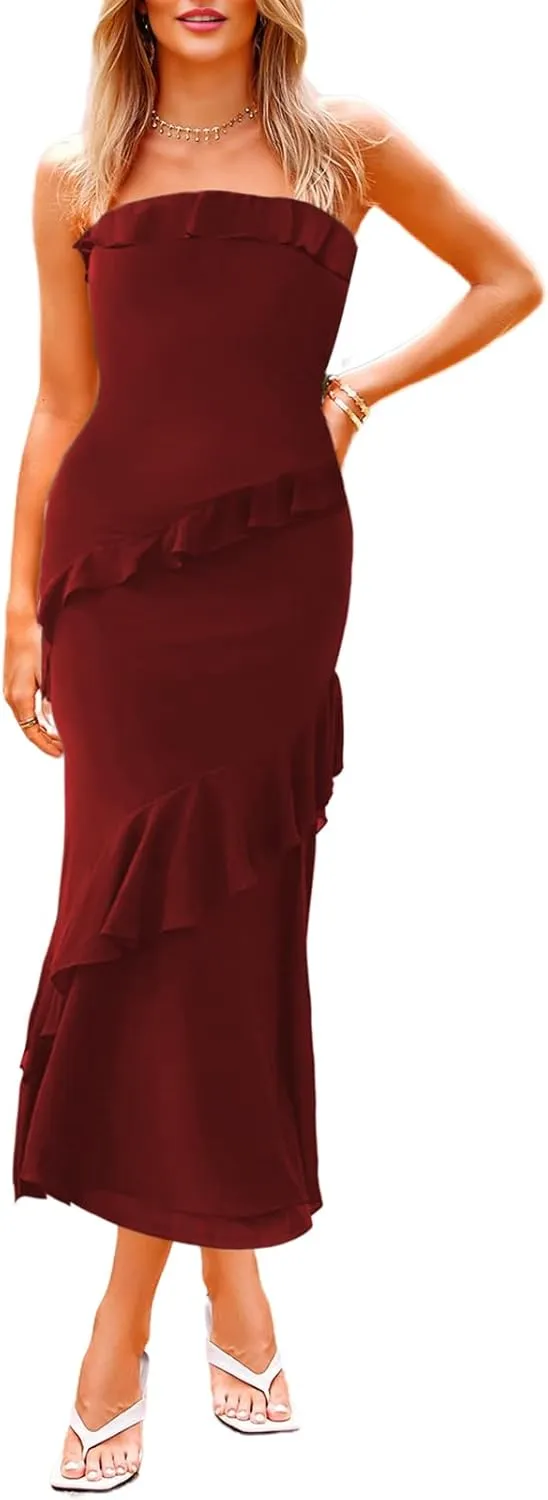 MAYFASEY Women's Strapless Bodycon Maxi Tube Top Dress Sexy Summer 2025 Stretch Mesh Ruffle Slim Party Cocktail Dresses