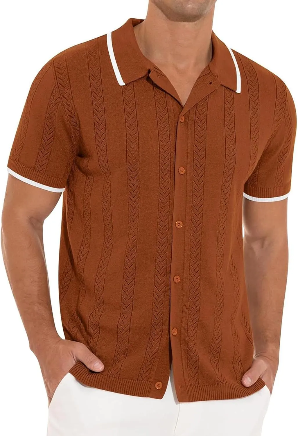 Men's Knit Openwork Shirt Button Down Short Sleeve Casual Top Breathable Solid Color Lapel Summer Holiday Loose Fit Beachwear