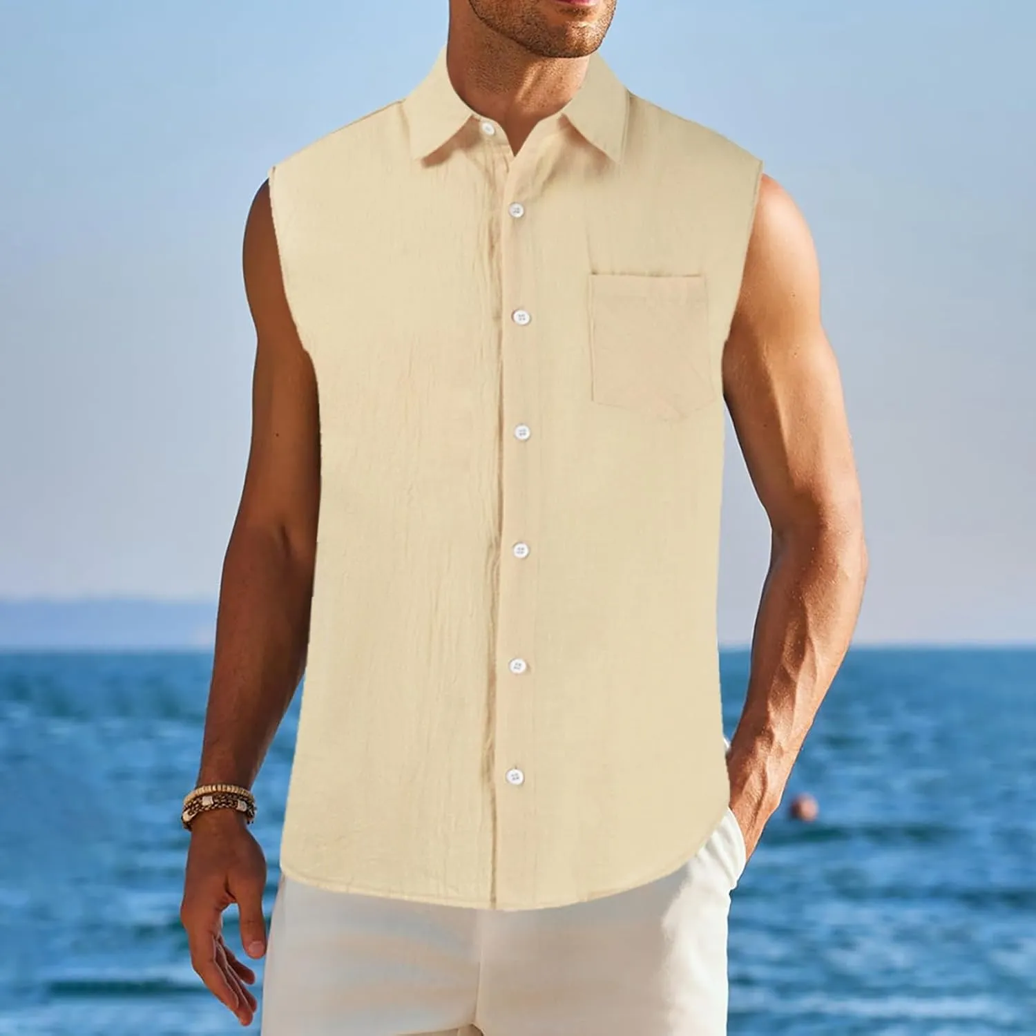 Men's Linen Cotton Tank Top Solid Color Sleeveless Single Breasted Lapel Vest Quick Dry Breathable Island Summer Beach Shirt