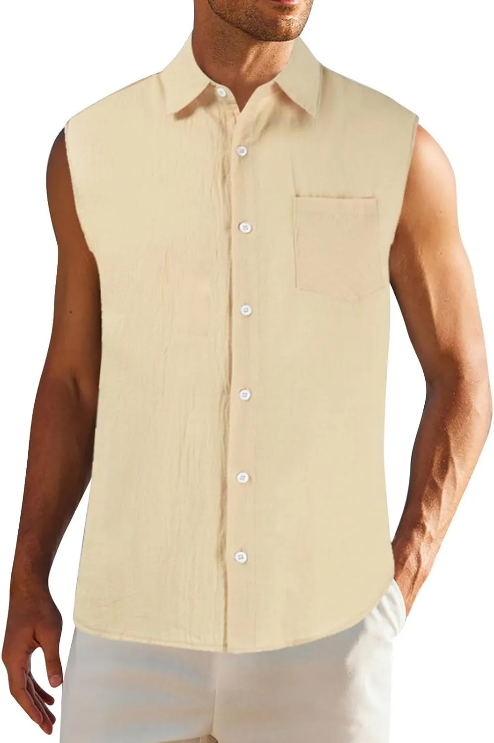 Men's Linen Cotton Tank Top Solid Color Sleeveless Single Breasted Lapel Vest Quick Dry Breathable Island Summer Beach Shirt