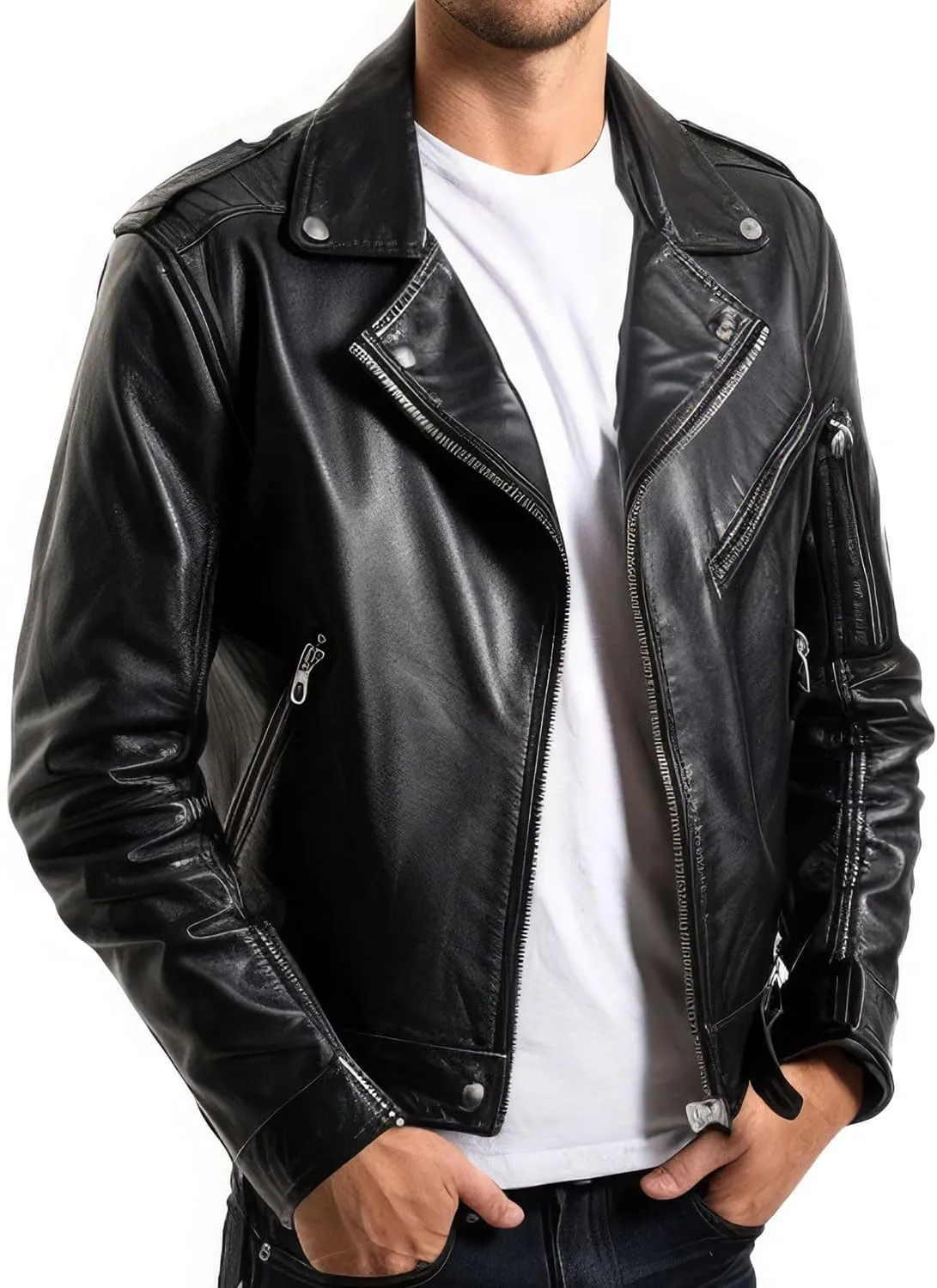 Men’s Real Leather Biker Jacket – Slim Fit Motorcycle Bomber Coat with Asymmetrical Zipper and Lapel Collar