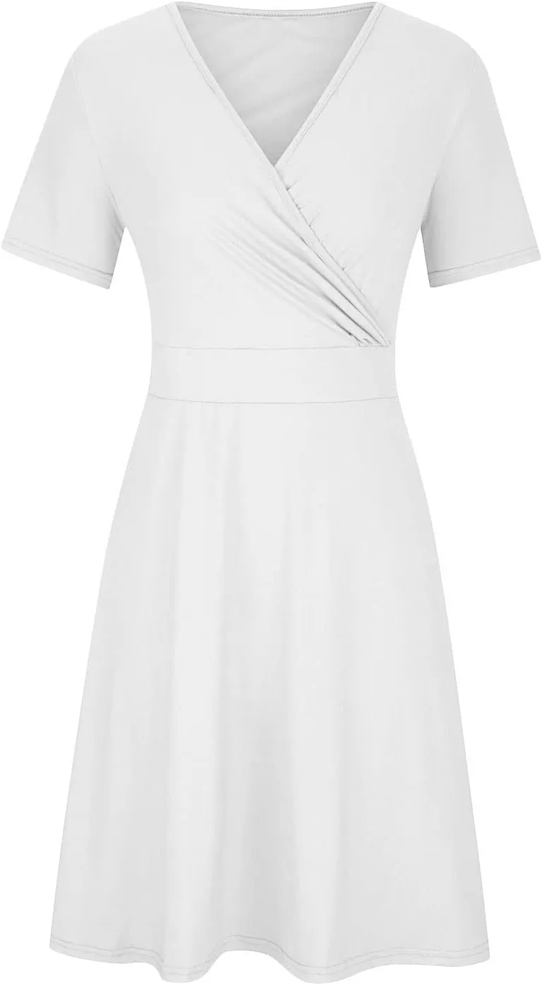 NaRHbrg Summer Dresses for Women 2024 Wrap V Neck Short Sleeve Midi Dress Ruffle Hem A-Line Sundress Cocktail Party Dress