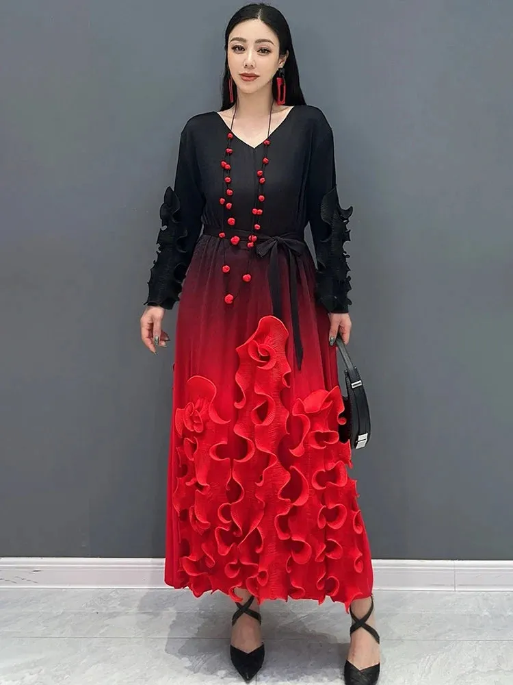 New Elegant Red Floral Gradient Midi Dress