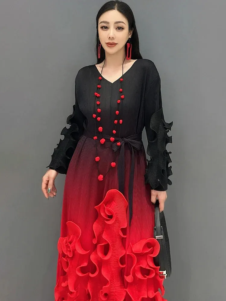 New Elegant Red Floral Gradient Midi Dress