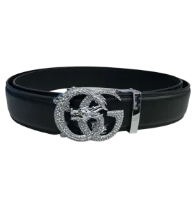 New Luxury Fashion Design Men's Black Belt Diamonds Sliver Buckle