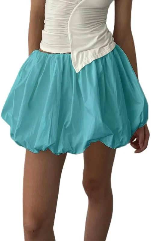 NUFIWI Y2K Bubble Mini Skirts for Women Cute Ruffled Balloon Short Skirts Elastic Waist Pleated A Line Flared Puffy Skirts