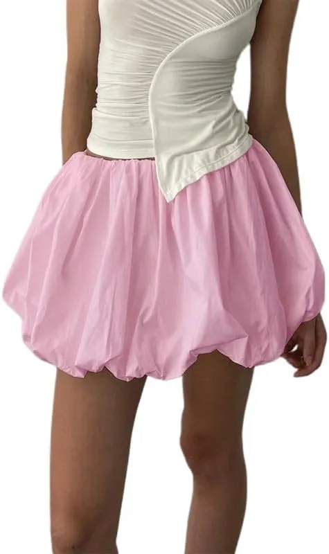 NUFIWI Y2K Bubble Mini Skirts for Women Cute Ruffled Balloon Short Skirts Elastic Waist Pleated A Line Flared Puffy Skirts