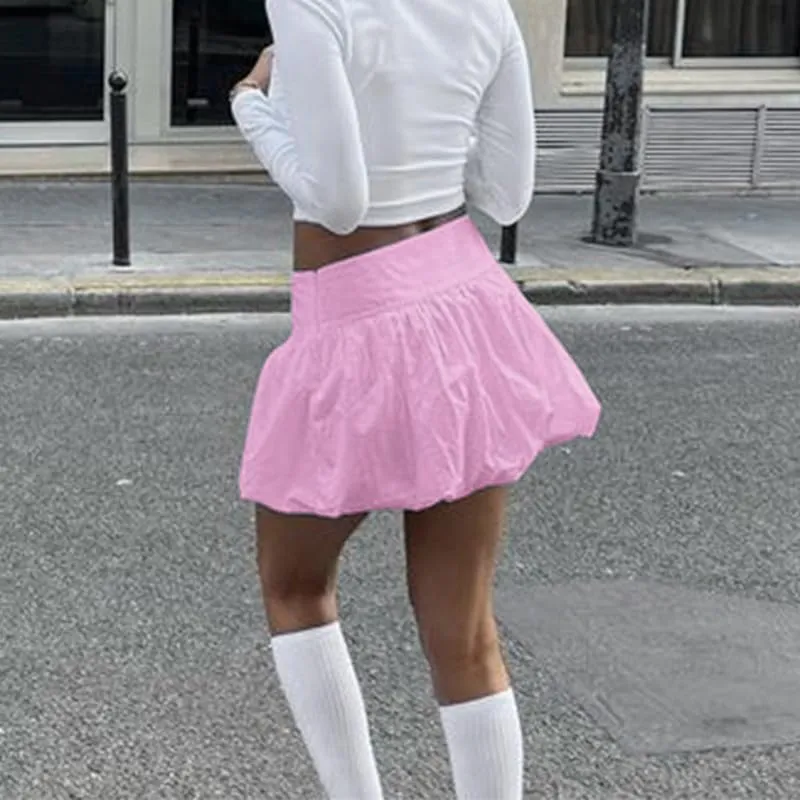 NUFIWI Y2K Bubble Mini Skirts for Women Cute Ruffled Balloon Short Skirts Elastic Waist Pleated A Line Flared Puffy Skirts