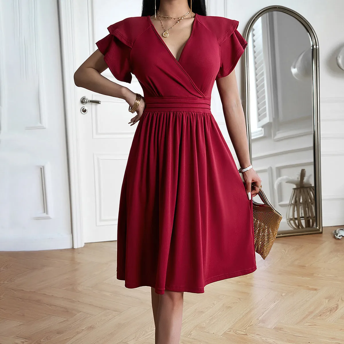 Pleated Elegant V-neck Midi Dress