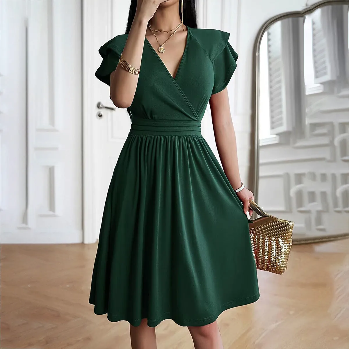 Pleated Elegant V-neck Midi Dress