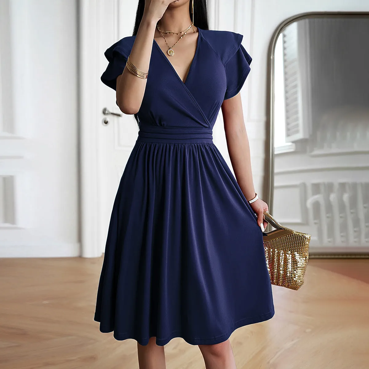 Pleated Elegant V-neck Midi Dress