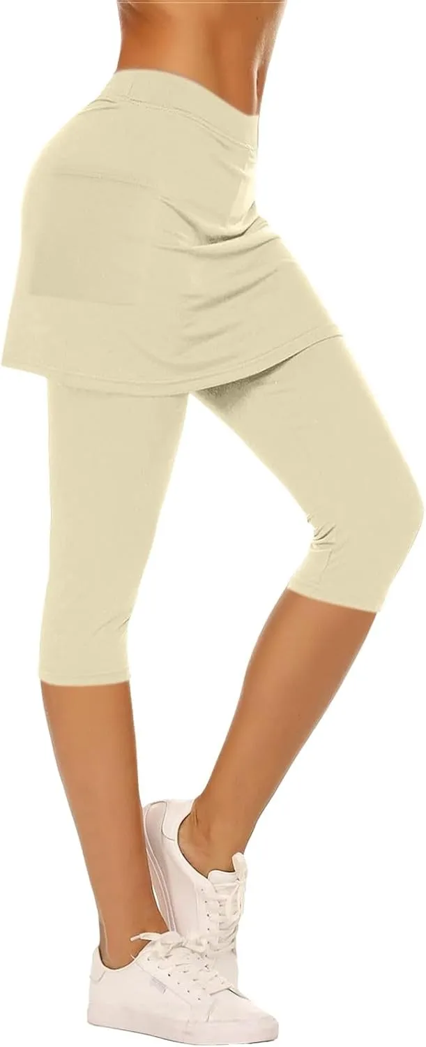 Skirted Leggings for Women 2025 Summer Golf Skorts Capris Gym Tennis Stretchy Soft Yoga Workout Legging with Skirts