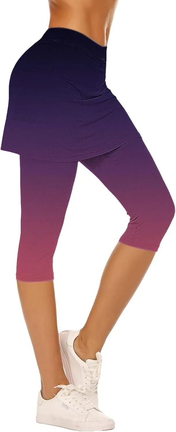 Skirted Leggings for Women Athletic Golf Skorts Gym Tennis Yoga High Waisted Stretchy Soft Capri Leggings with Skirts
