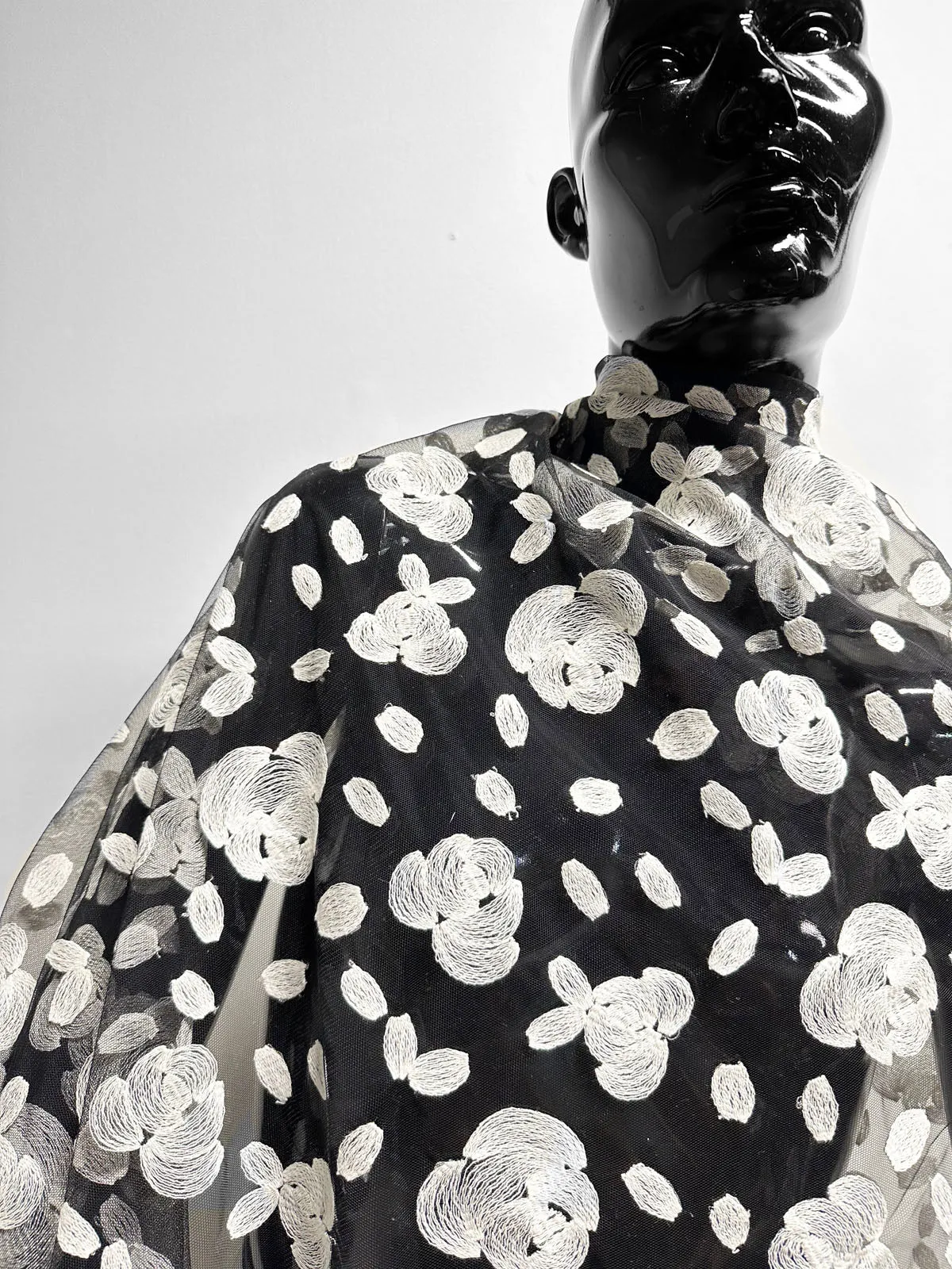 Soft Fine Black Tulle Embroidered Floral