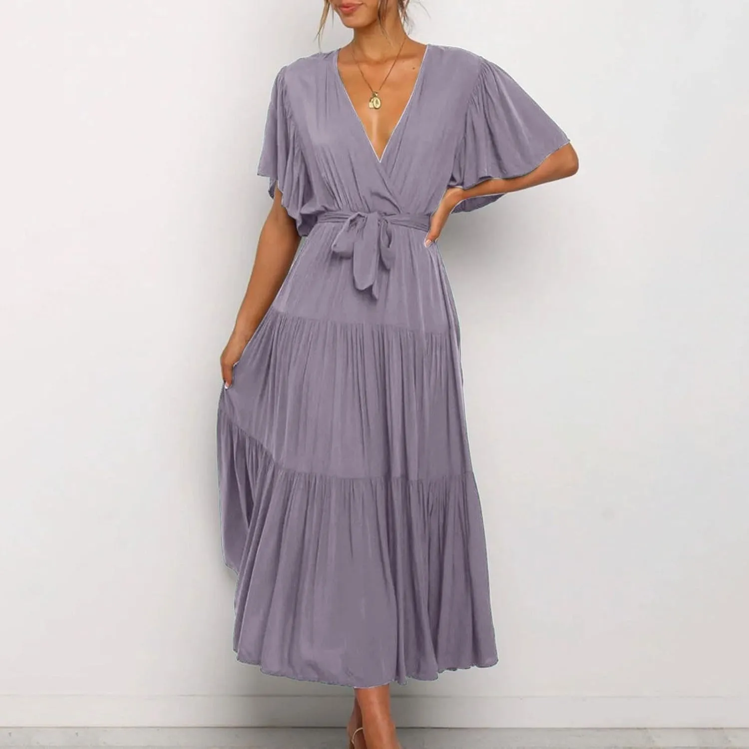 Summer Dress for Women Ruffle Short Sleeves V Neck Casual Flowy Dress with Belt Hawaiian Beach Maxi Dress 2025