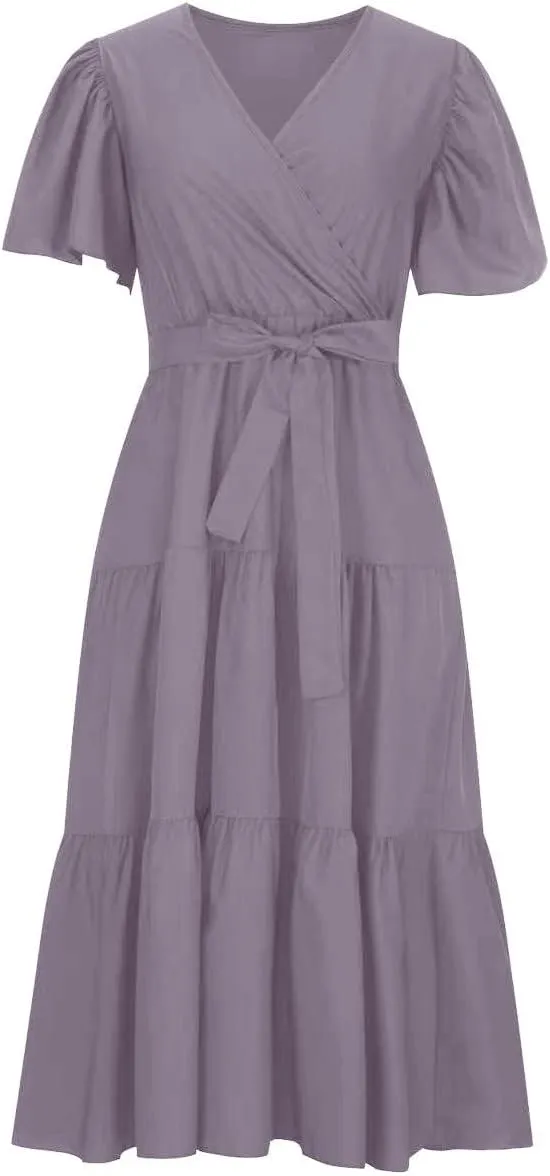 Summer Dress for Women Ruffle Short Sleeves V Neck Casual Flowy Dress with Belt Hawaiian Beach Maxi Dress 2025