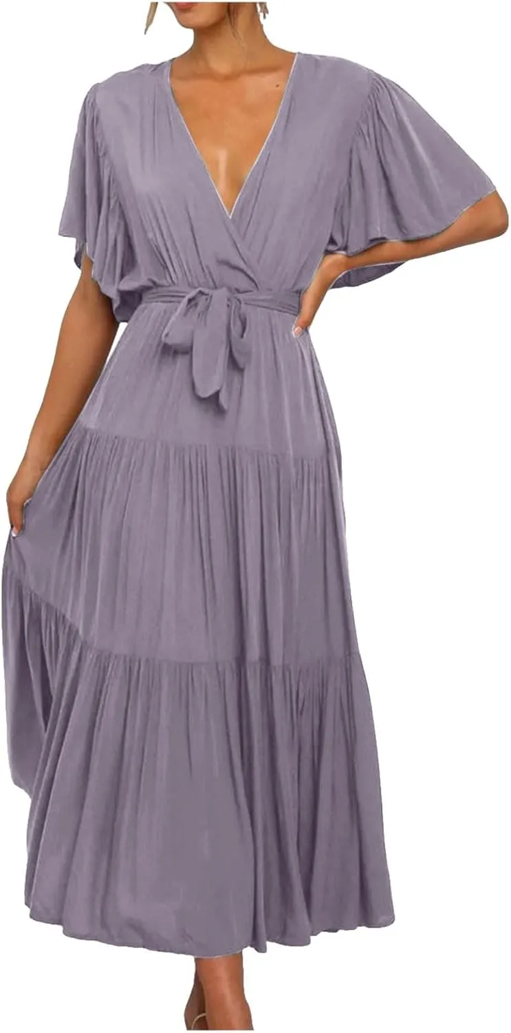 Summer Dress for Women Ruffle Short Sleeves V Neck Casual Flowy Dress with Belt Hawaiian Beach Maxi Dress 2025