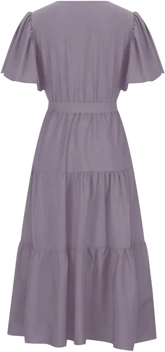 Summer Dress for Women Ruffle Short Sleeves V Neck Casual Flowy Dress with Belt Hawaiian Beach Maxi Dress 2025
