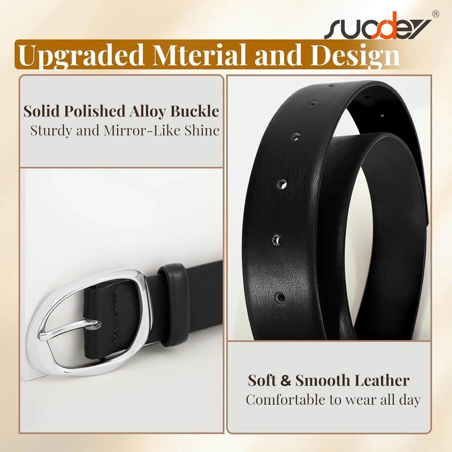 SUOSDEY Leather Belts for Women, Ladies Waist Belt with Liquid Shape Buckle for Jeans Pants Dresses,1.4" width