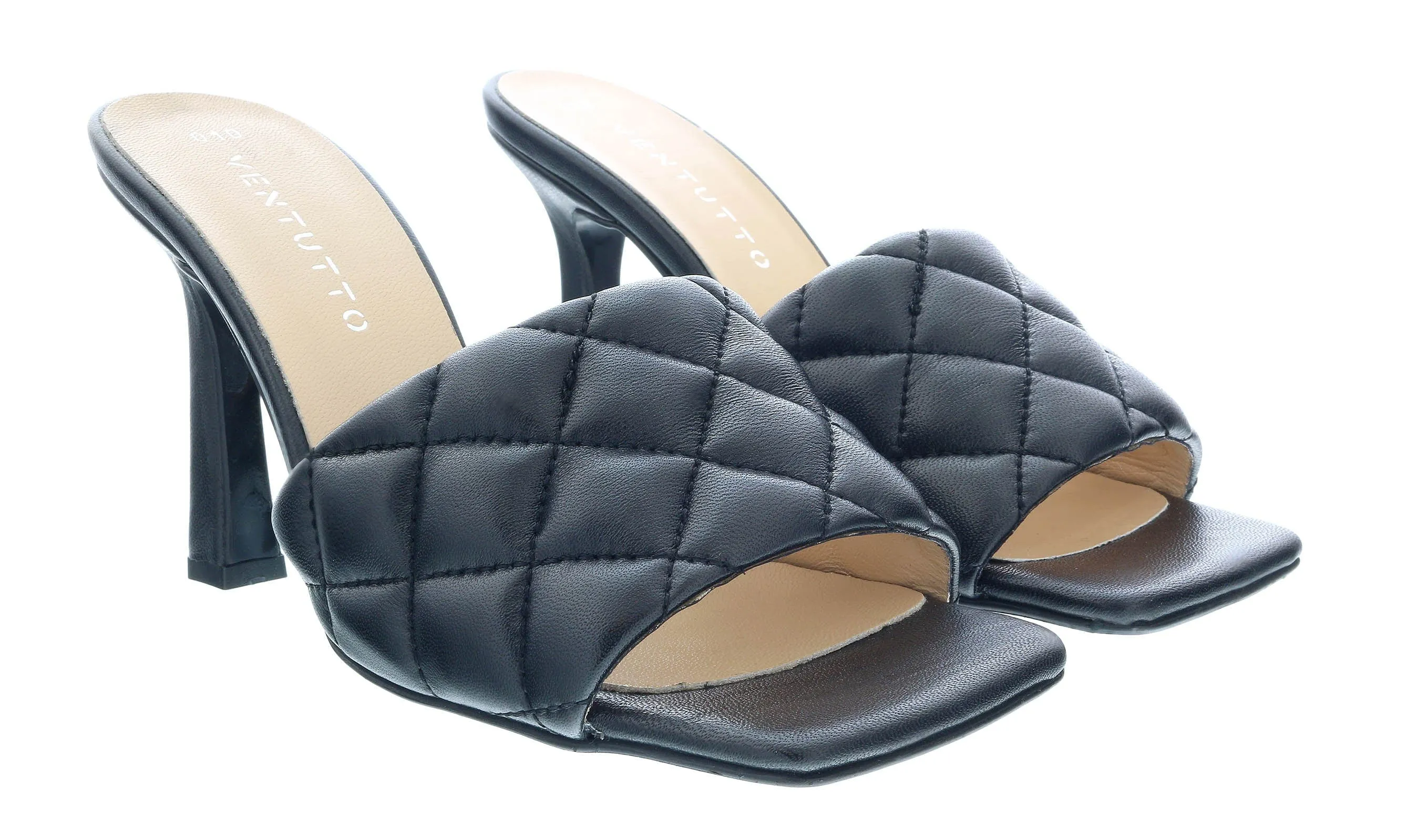 Ventutto Black Quilted High Heel Leather Mule-