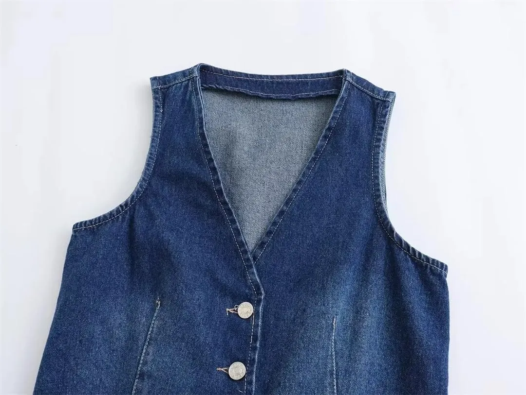 Women Denim Sleeveless V Neck Slim Chic Short Jacket Tanks Vintage Button Waistcoat Top Vest