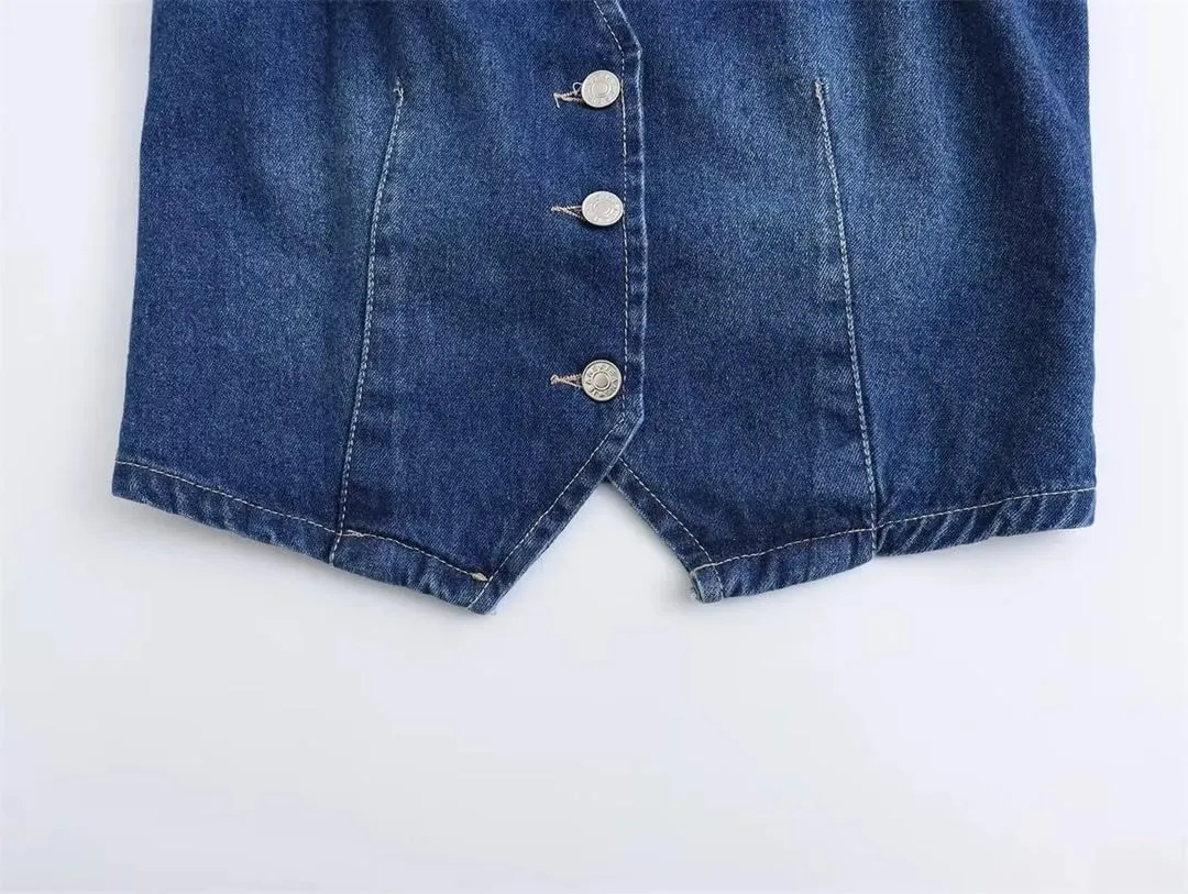 Women Denim Sleeveless V Neck Slim Chic Short Jacket Tanks Vintage Button Waistcoat Top Vest