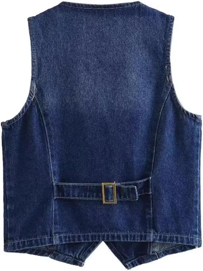 Women Denim Sleeveless V Neck Slim Chic Short Jacket Tanks Vintage Button Waistcoat Top Vest
