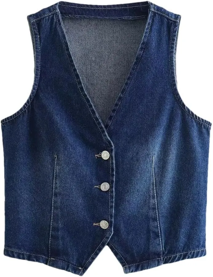 Women Denim Sleeveless V Neck Slim Chic Short Jacket Tanks Vintage Button Waistcoat Top Vest